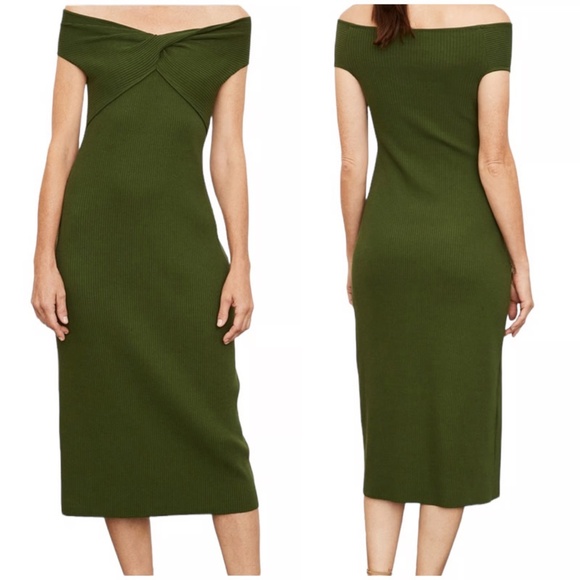 NEW Vince Ribbed Twist Midi Dress Green Off Shoulder - size small - Picture 1 of 4